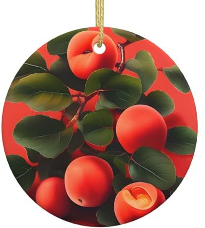 Red Apricot Printed Ceramic Christmas Ornaments - Round. Suitable for Christmas Trees, Holiday Parties, and Home décor