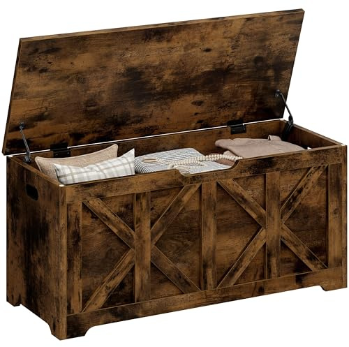 Yaheetech Storage Chest, 132L Wooden Blanket Box with Safety Hinged Lid, 40×100×46.5 cm, Rustic Farmhouse Shoe Storage Bench for Hallway, Entryway, Living Room, Bedroom, Rustic Brown