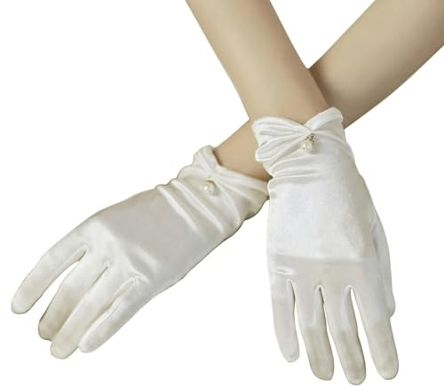 Lahkvor Guanti corti in raso bianco da donna – Eleganti guanti da sposa con perla e increspature – Guanti da sera per matrimonio, comunione e cerimonia (Bianco)