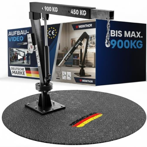 WERKTHOR Grue de pick up 900 kg avec treuil et hydraulique – Grue de pick up pour remorque et benne pivotante à 360° – Mini grue incl. matériel de montage et pied de support robuste – Grue d’atelier