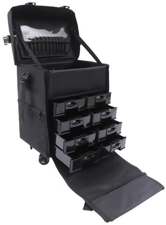 UDNEONDHE Maletín De Maquillaje Con Ruedas, 2 En 1, Maletín De Maquillaje Con 8 Cajones, Grande Con Ruedas, Maletín De Uñas, Para Viajes, Color Negro