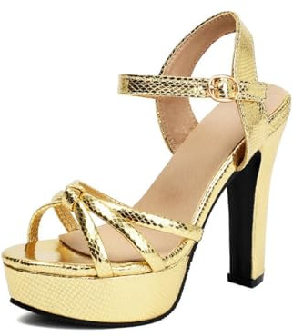 Générique Femmes Métallique Imprimé Peau De Serpent Bout Ouvert Sandales Plateforme Talon Bloc Épais Lanières Croisées Boucle Cheville Réglable Escarpins Dessus,d'or,40 EU