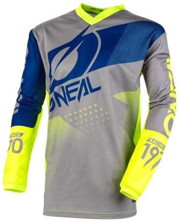 O'Neal | Camisa de Manga Larga de Mountainbike | MTB DH FR | Material Transpirable, protección Acolchada para los Codos | Element Youth Jersey Factor | Niños | Gris, Azul y Amarillo neón | Talla M