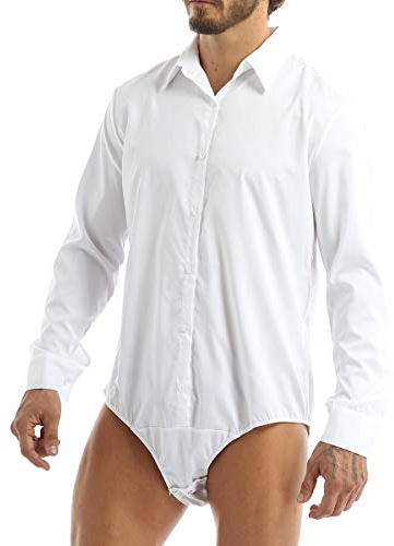 inlzdz Camicia Body da Ufficio Bodysuit Danza Latino Slim Fit Uomo Costumi da Ballo Bottoni di Base Dancewear Tango Zumba Samba Rumba Pratica Prestazione Competizione Bianco L