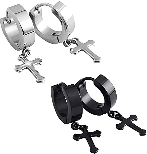 Zeayebsr 2 paires Acier Inoxydable Clou d'oreille, Boucles d’Oreilles avec Croix pour Femme Homme Argent Noir Boucles d’Oreilles Piercing en Acier Inoxydable Style Simple Classique