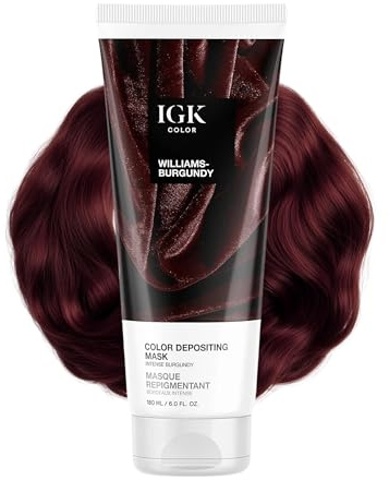 IGK Williams Burgundy Color Depositing Hair Mask | Intense Burgundy Semi Permanent Color Conditioner + Gloss Toner | Hydrating Formula Adds Shine + Refreshes Color | Vegan + Cruelty Free | 6 oz