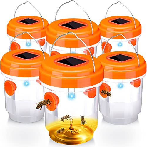 6 Packs 6 Pack Wasp Trap Solar Powered Bee Trap Reusable Fly Traps Outdoor Hanging Wasp Killer with UV LED Light Flying Insects Bee Killer for Indoor Outside Patio Garden Home (Orange)
