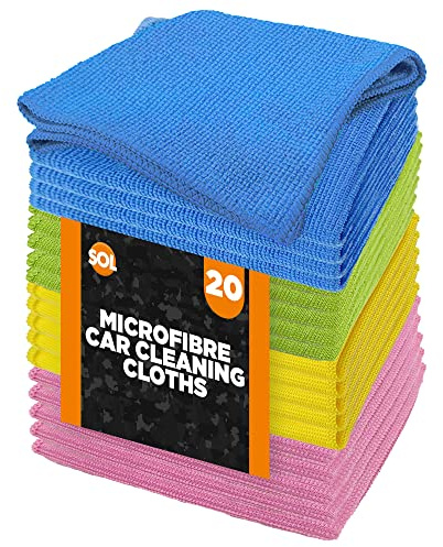 SOL 20pk Microfibre Cloths, 28cmx28cm MIcro Fibre Towels for Car Polishing, Interior and Exterior Window Cleaning, All Purpose Use for Home and Kitchen, Microfiber Absorbent, Ideal for Detailing