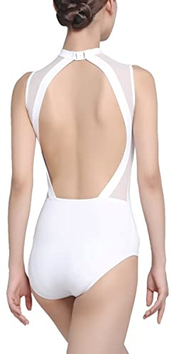 s.lemon Maillot Ballet,Mujer Sin Mangas Malla Cuello Alto Leotardo para Danza Gimnasia Blanco 175