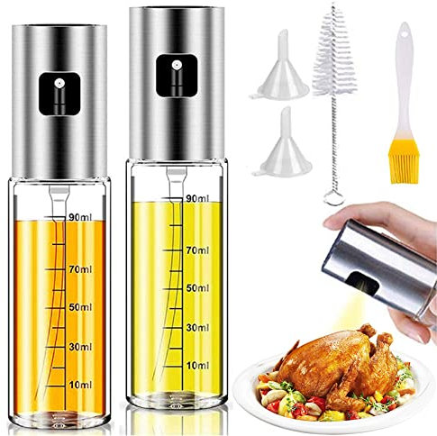 Guidre Pack of 2 Oil Sprayers, Oil Spray Bottle 100 ml Stainless Steel Oil Atomiser Glass Oil Dispenser with Tube Brush and Funnel, Glass Bottle for Kitchen and BBQ