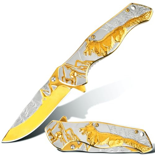 Vividstill Taschenmesser für Männer, cool golden Klappmesser mit Titanplattiert Prägen 3D Wolf, gute Geschenk Edc Messer für Männer Outdoor Überleben Camping