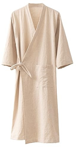inbesk Men's Women's Cotton Linen Bathrobe Couples Japanese-Style Absorbent Quick-Drying Kimono Yukata Sauna Robe,Hemp,M