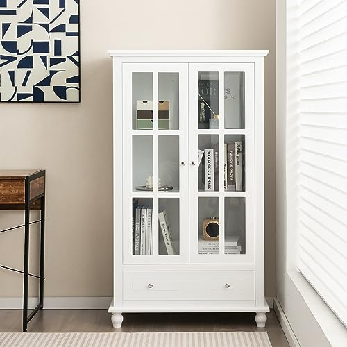 Costway Bibliothèque 2 Portes 1 Tiroir Meuble Étagère Réglable Kits Anti-Basculement Inclus Salon Blanc