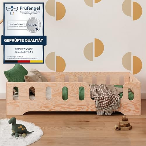 smartwood Bodenbett 80x160 Montessori Kinderbett aus Holz mit FSC-Zertifikat TILA 2P mit Rausfallschutz & Lattenrost bis 230kg belastbar - Einfache Montage