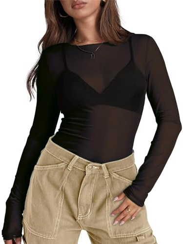 WIHOLL Long Sleeve Going Out Tops for Women Mesh See Through Ladies Sheer Round Neck Club wear Party Shirts Black S
