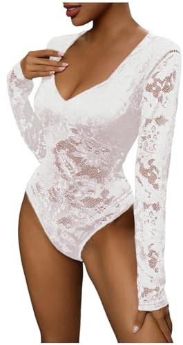 KBOPLEMQ Body da Donna in Pizzo, Elegante, a Maniche Lunghe, in Rete, a Collo Alto, Con Scollo a V, Sexy, Bianco, M