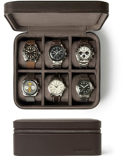 TAWBURY Boîte à montres - Coffret en cuir véritable à 6 compartiments pour hommes et femmes avec coussins extra larges pour montres de grande taille - Rangement portable pour montres à bracelet pour