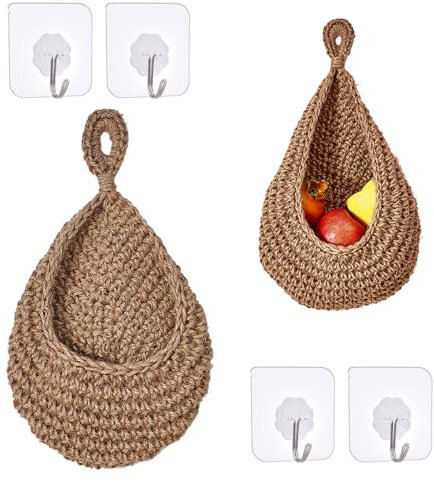 Zasvec Cestini di Frutta da Appendere 2 Pezzi Cestini Portaoggetti da Appendere Juta Cestini da Appendere in Juta Cesto per Frutta a Parete Cesto Portaoggetti da Parete per Frutta Cucina