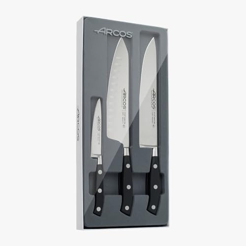 Arcos Serie Riviera - Juego Cuchillos Cocina 3 piezas (1 Cuchillo Mondador + 1 Santoku + 1 Cuchillo de Chef) - Hoja de Acero Inoxidable Forjado NITRUM - Mango de Polioximetileno (POM) - Color Negro