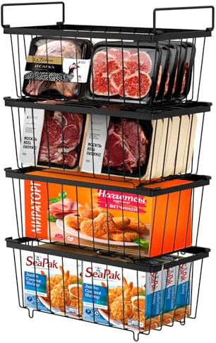 4 Pezzi Cesti per Congelatore, Impilabili Organizer per Congelatore con Manici, Alta Capacità Cestini Portaoggetti In Filo Metallico per Congelatore da 198L, Facile Accesso Agli Alimenti Surgelati