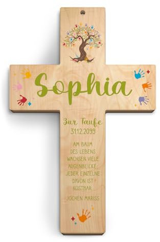 Kartenmachen.de Taufkreuz personalisiert aus Holz Taufgeschenk Mädchen Junge 13x20cm - Lebensbaum - Birkenholz Look