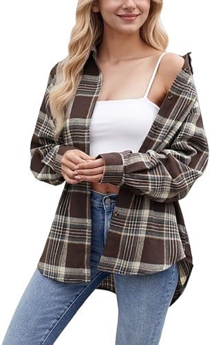 Timuspo Chemisier à carreaux pour femme, blouse boutonnée à manches longues, chemise décontractée à col V, tunique à carreaux, haut en flanelle, marron, M