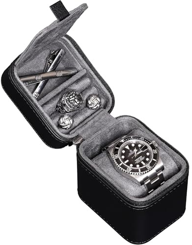 ROTHWELL Astuccio da viaggio singolo per orologi con scomparto accessori | Astuccio protettivo compatto in pelle PU con interno in microsuede | Adatto per orologi e smartwatch fino a 55mm | Coperchio