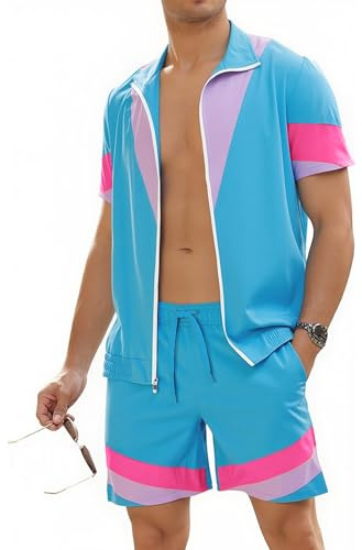 UOUA 80s Outfit for Men 90s Color Block Costumes 2 Piece Retro Short Sleeve Jacket & Shorts Set for Party Blue XL