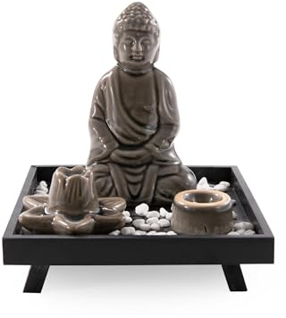 Myga Buddha Incense Burner - Ceramic Incense Holder for Sticks & Cones with Buddha Statue & Decorative Stones for Meditation, Yoga, Relaxation, Spiritual Décor and Mindfulness Gift