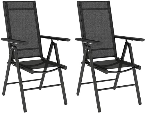Outsunny Set of 2 Folding Garden Chairs, Aluminium Frame Outdoor Dining Chairs with Breathable Mesh Back and Seat, Garden Folding Chair Set with Armrests for Balcony, Black