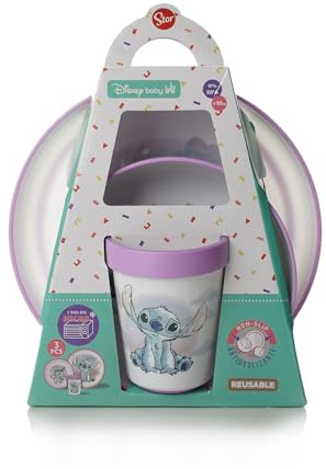 STOR Set Pappa Bimbi Antiscivolo Stitch - 3 Pezzi Piatto Ciotola Bicchiere 260ml - Plastica Senza BPA Microonde - Disney Baby