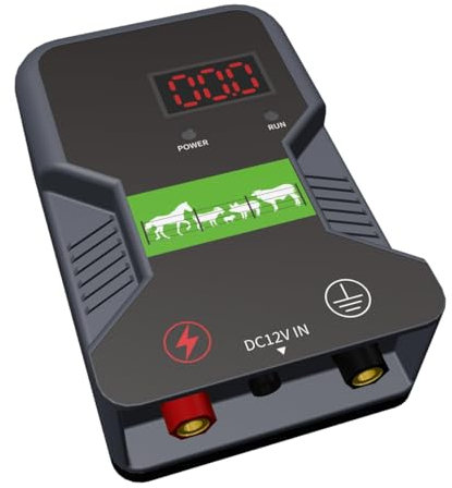 12V Weidezaungerät mit LED Anzeige, 2J Wasserdicht Elektrischer Weidezaun 230V für 15 KM Reichweite, LED Display Eelektrozaun für Schutz von Nutztieren,Haustieren,Geflügel, Hausweide,Gärten (Schwarz)