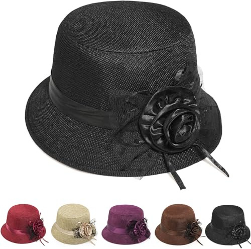 Initlove Chapeau cloche vintage pour femme - Chapeau melon floral pour fête de mariage, Noir , Taille unique