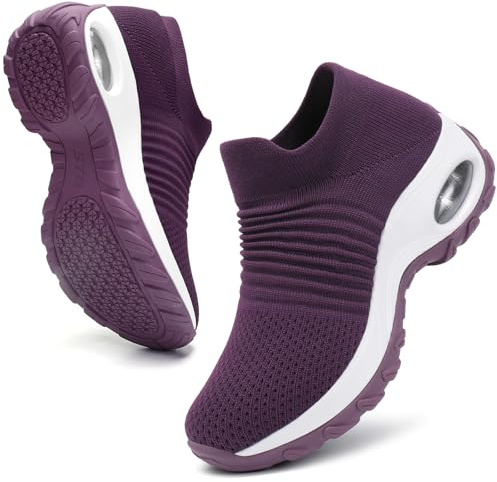 HKR Womens Trainers Slip on Comfortable Nordic Walking Shoes Breathable Knit Sneakers for Fitness Gym Prune Purple UK 4
