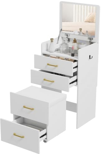 HOMCOM Two Piece Dressing Table with Flip Top Mirror and Rolling Stool, Modern Vanity Desk with Visible Glass Tabletop, Drawers and Side Hook, Makeup Table, Cushioned Storage Stool for Bedroom, White