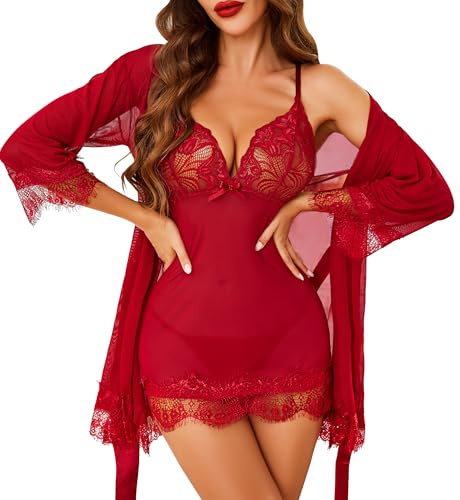 Lovasy Lingerie for Women Sets Mesh Babydoll with Robe Nighties Nightdress,Wine Red,M