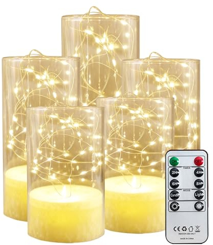BougieS LEDS Avec Guirlande Lumineuse,Lot De 5 Bougies LED Sans Flamme Avec Télécommande,Bougie LED Avec Guirlande,Bougies A Piles Pour Intérieur Et Extérieur,Maison,Mariage