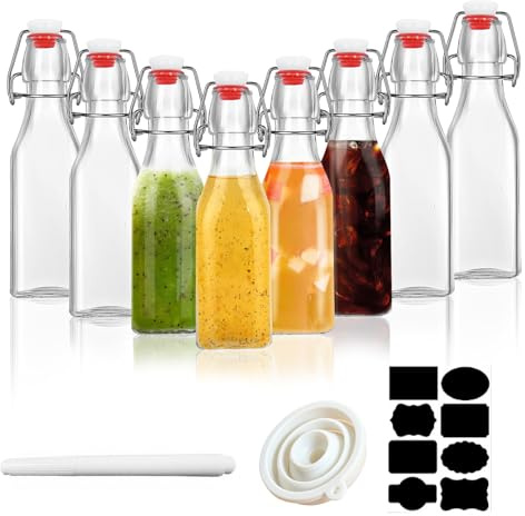 ZhouZGlass 8 Pack Glass Bottles with Stoppers 250ml, Clear Swing Top Bottles with Labels & Pen and Funnel for Beer Brewing with Airtight Stoppers for Wine, Condiments, Beverages, Oil, Vinegar, Kombuch