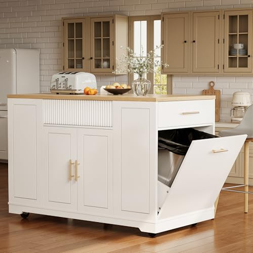 Easexcy Isola di Cucina, Armadio da Cucina, 120 x 50 x 92 cm, Carrello di servizio, con scomparto per bidoni della spazzatura, ripiani regolabili, due ante e tre cassetti (bianco)