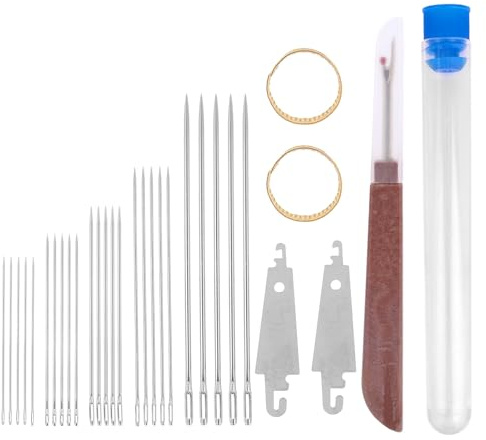 Fukaisu 31 Stück Nadelset mit Großem Öhr, 25 Tragbare Stahl Handnähnadeln 2 Einfädler 2 Fingerhut & 1 Nahttrenner für Anfänger & Bastelliebhaber