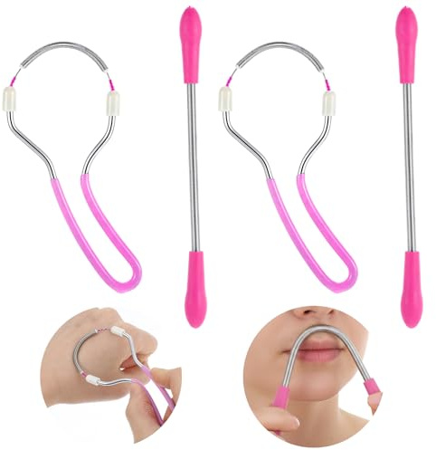 Elegaperma Set di 4 epilatori per il viso in metallo, da donna, manuali, in ABS + acciaio inox, per fronte, guance e labbro superiore (anello e molle dritte)