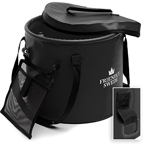 The Friendly Swede Faltbarer Eimer, Faltschüssel für Camping, Garten, Outdoor - zusammenklappbarer Falteimer, Wassereimer, Angel Eimer mit Deckel und Mesh Tasche - Schwarz 16 Liter
