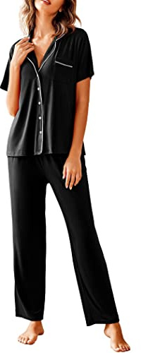 Avidlove Women Pajamas Set Notch Collar Soft Sleepwear Pjs Short Sleeve Button Down Nightwear with Long Pants Black