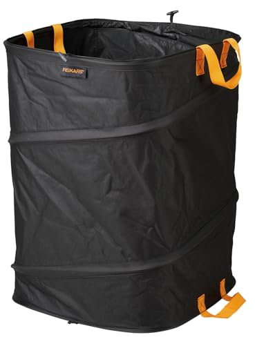 Fiskars PopUp-Gartensack mit Griffen, Platzsparend faltbar, Fassungsvermögen: 175 L, Höhe: 70 cm, Breite: 50 cm, Schwarz/Orange, Ergo, 1028372