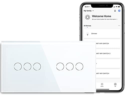 BSEED Doppelschalter Smart Alexa Lichtschalter aus Glas, WiFi Touch Wandschalter 3 Fach 1 Weg (Neutralleiter Erforderlich), Alexa/Tuya/Google Home-kompatible 157mm * 86mm Weiß