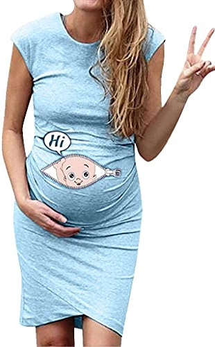 ORANDESIGNE Vestidos sin Mangas de Mujer Ropa premamá Vestido de Maternidad Moda Estampado Baby Falda Larga Mujeres Embarazadas Suelto Casuales Woman Dress Verano C Azul Claro L