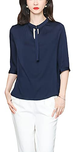 DISSA Chemise en Soie Bleu Foncé Unie Manches Courtes Col Montant Blouse À Pulls Soie Femme,3XL,S3355