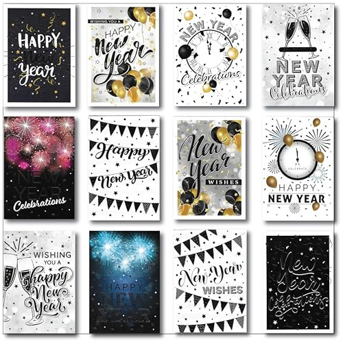 Pack of 12 Various New Year Greeting Cards & Envelopes. Individually Wrapped