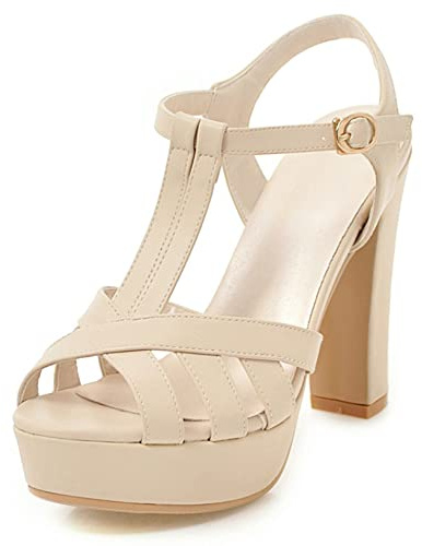 Sandali con Tacco Alto Donna, Sandali Peep Toe Eleganti Tacco a Blocco Scarpe da Sera con Plateau Fibbia con Cinturino a T 099 Beige Numero 33 EU