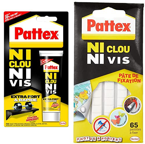 Pattex Ni Clou Ni Vis Extra Fort & Rapide, colle de fixation surpuissante, colle blanche, tube 52 gr & Ni Clou Ni Vis pâte de fixation, pastilles adhésives repositionnables blanches - 65 pastilles